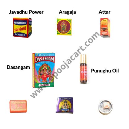 Kasthuri, Punugu Powder, Gorochar, Aragaja, Attar, Dasangam, Javadhu, Punugu oil Set