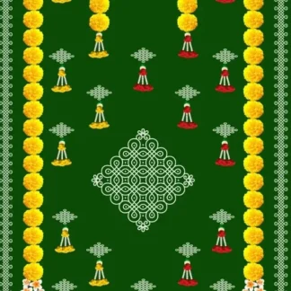 Green Backdrop with muggu and marigold flower hangings