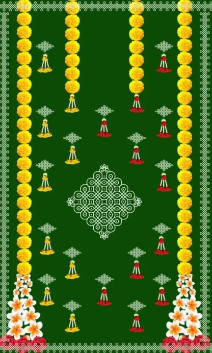 Green Backdrop with muggu and marigold flower hangings